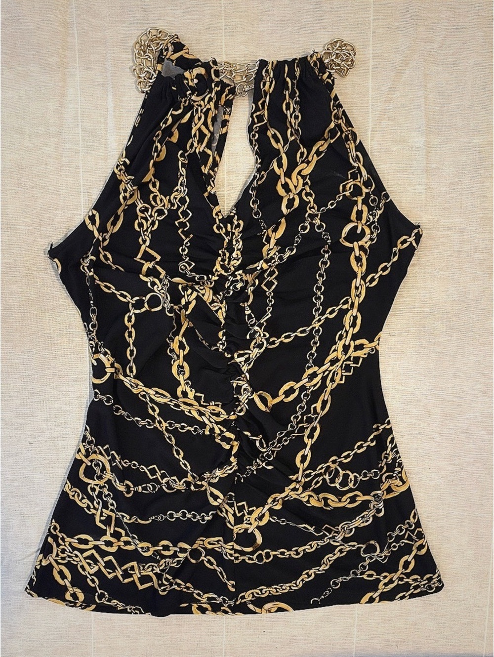 90s Cache Women's Black and Gold Chain Print Ruched Halter Top Size S #mobwife